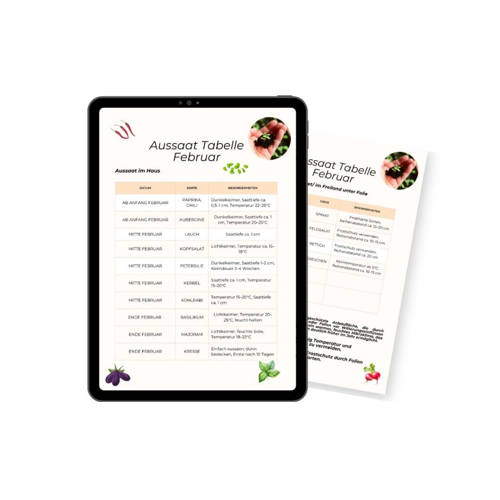 Angebot Gärtner-Tipps: Aussaat Plan für Februar als PDF zum Download für 0€. Zu sehen ist eine Tablet mit beigen Hintergrund, welches eine Vorschau des Aussaatplans präsentiert.