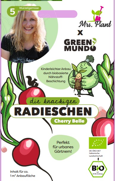 Angebot: Radieschen für Saatgut kaufen in Kooperation mit Green Mundo. Dargestellt wird das Werbebild, auf welchem Julia (die blonde Frau) zu sehen ist sowie 3 Radieschen und die Beschriftung.
