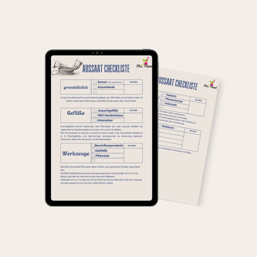 Für 0€ Angebot Gärtner-Tipps: Anzuchtcheckliste als PDF zum kostenlosen Download. Zu sehen ist eine Tablet mit beigen Hintergrund, welches eine Vorschau der Checkliste präsentiert.