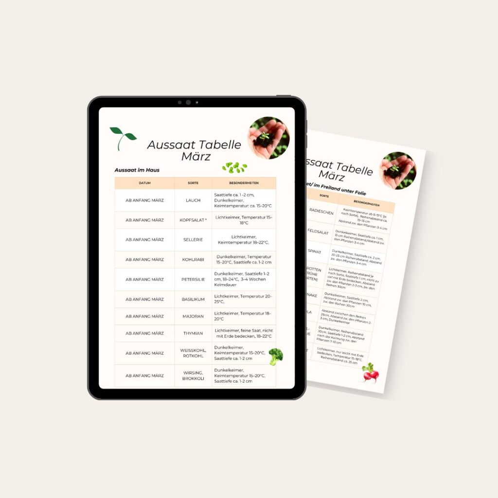 Angebot Gärtner-Tipps: Aussaat Plan für März als PDF zum kostenlosen Download. Zu sehen ist eine Tablet mit beigen Hintergrund, welches eine Vorschau des Aussaatplans präsentiert.